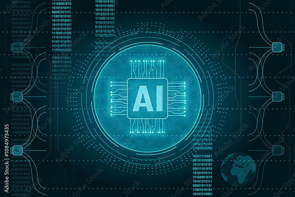 Poster Information analysis and future technology concept with artificial intelligence abbreviation AI in digital graphic microcircuit on abstract coding indicators background. 3D rendering