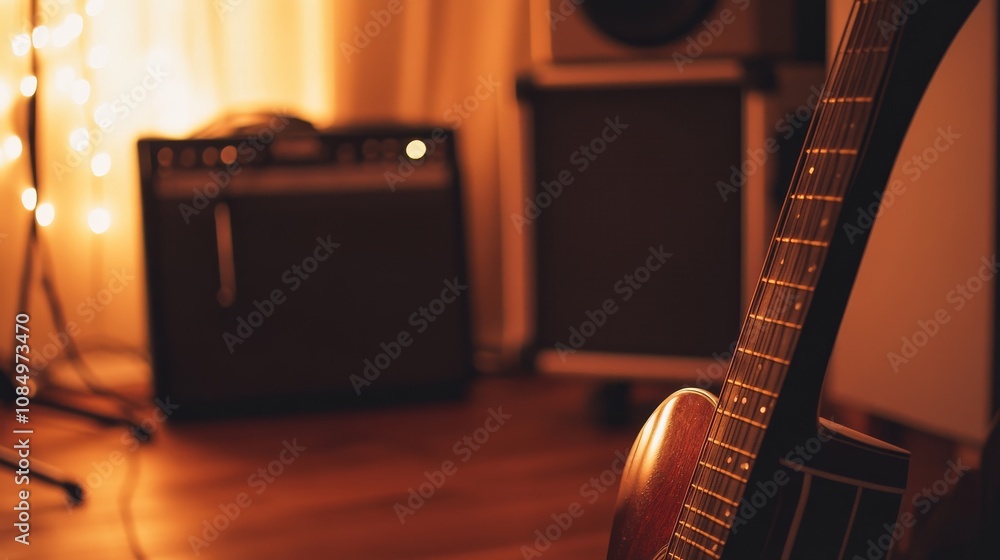 Poster a pristine musical instrument setup with a neatly arranged guitar and amplifier, a cozy room with so