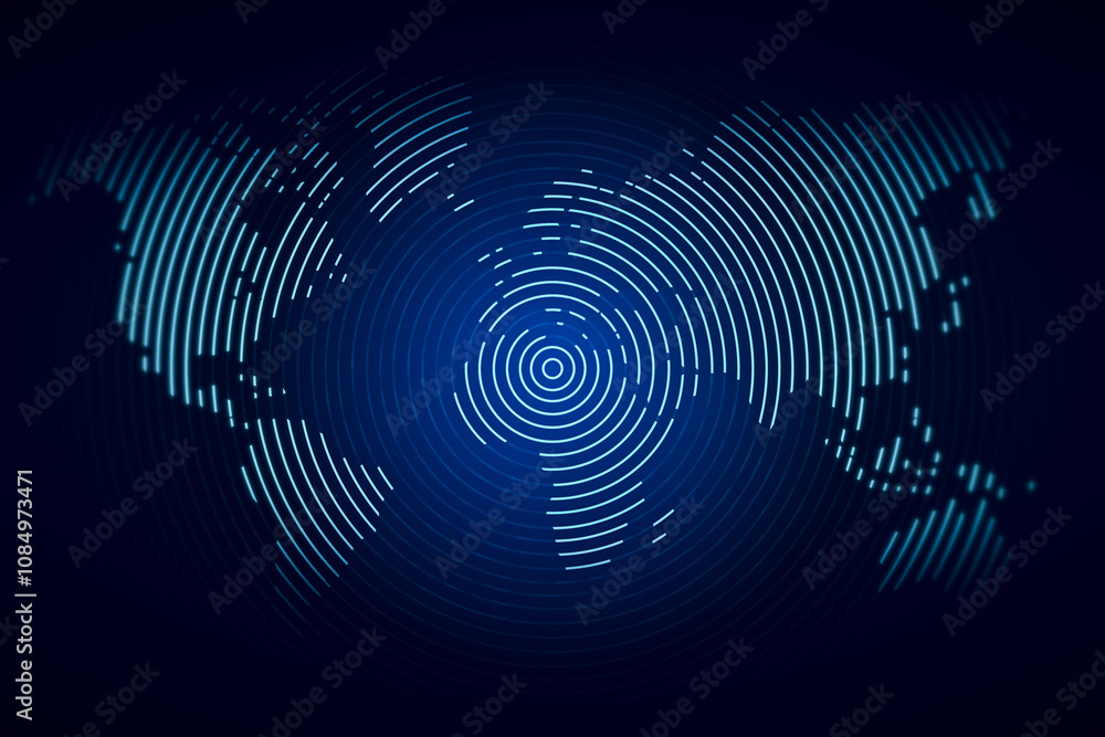 Poster Front view on digital graphic white circles world map on abstract dark background, design template. 3D rendering