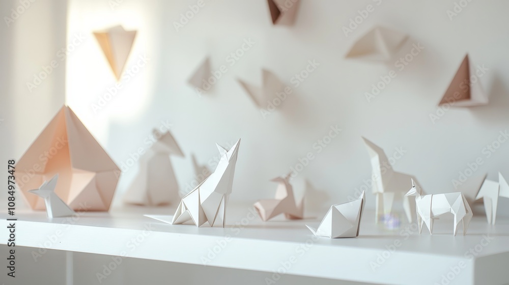 Poster a pristine origami display with folded paper animals and geometric shapes neatly placed on a clean s