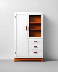 Contemporary white cabinet featuring wooden shelves and drawers against a neutral backdrop.