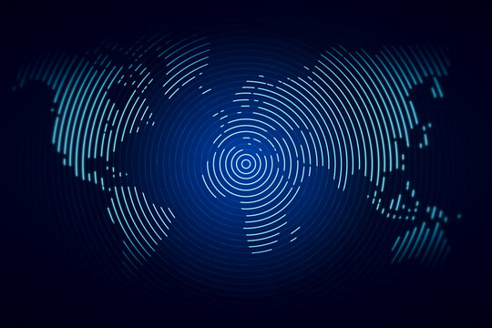 Front view on digital graphic white circles world map on abstract dark background, design template. 3D rendering