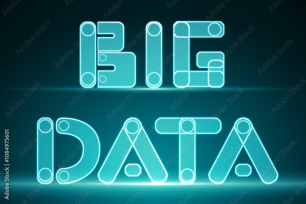 Aufkleber Information analytics concept with bright blue digital graphic big data words on abstract dark background. 3D rendering