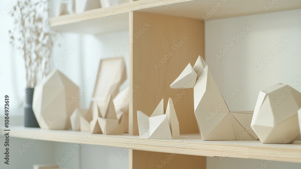 Poster a pristine origami display with folded paper animals and geometric shapes neatly placed on a clean s