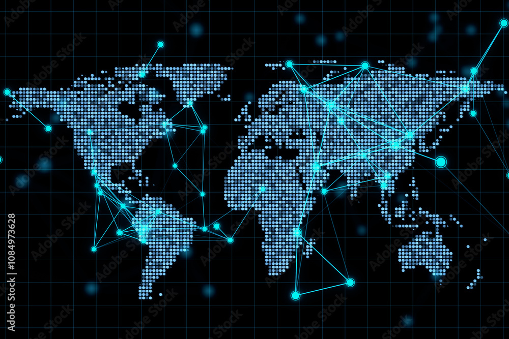 Aufkleber Telecommunication world map concept with digital dots and lines on pixel world map on dark background. 3D rendering