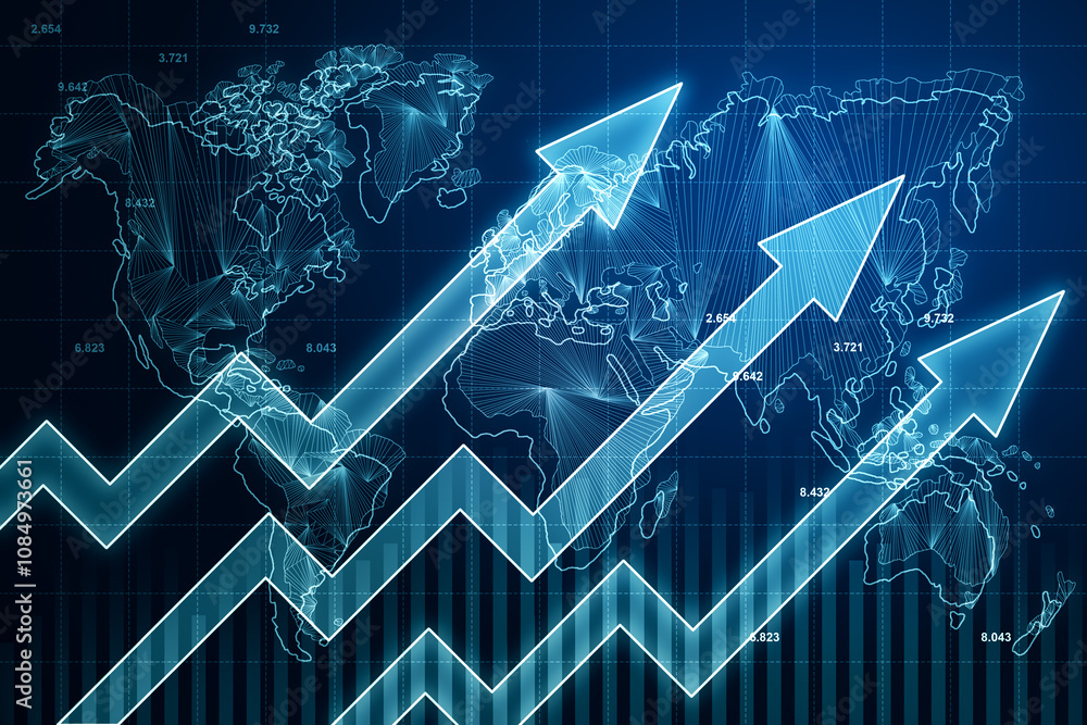 Poster global economy growth concept with blue digital striving up arrows on blue illuminated world map con