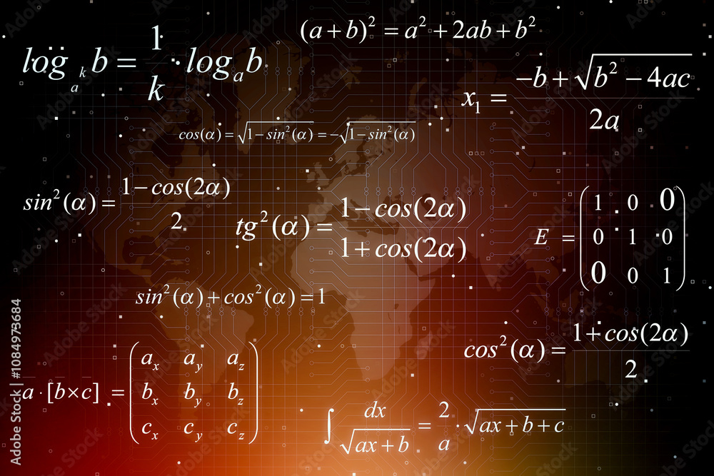 Poster School education or graduation concept with mathematical formulas on world map background covered by circuit lines. 3D rendering