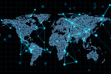 Telecommunication world map concept with digital dots and lines on pixel world map on dark background. 3D rendering