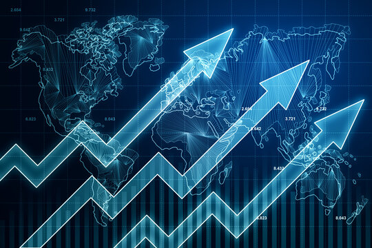 Global economy growth concept with blue digital striving up arrows on blue illuminated world map contour background. 3D rendering