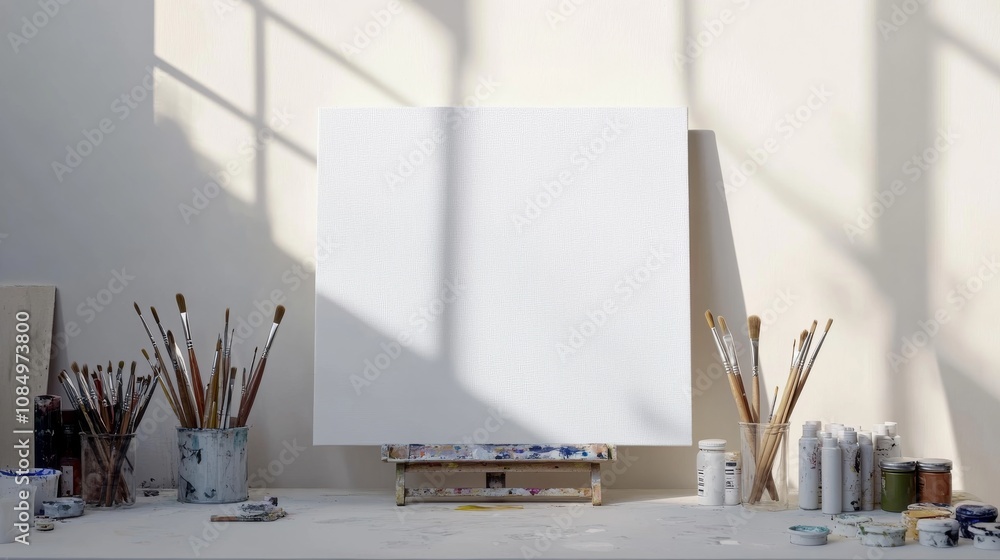 Poster a pristine painting setup with brushes and acrylic paints neatly arranged beside a blank canvas, a b