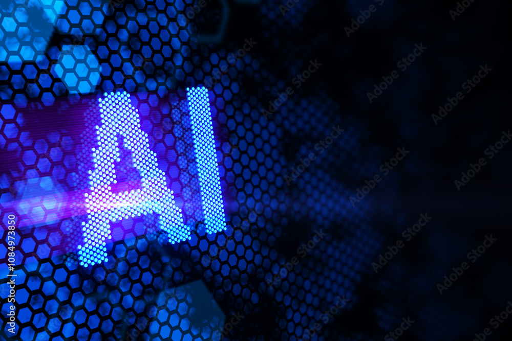 Poster Artificial intelligence and machine learning concept with digital AI sign on dark blank background with place for your logo or text and blue hexagon print. 3D rendering, mock up