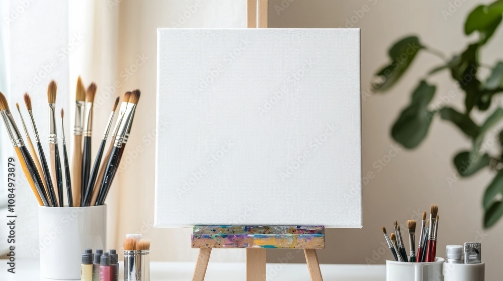 Poster a pristine painting setup with brushes and acrylic paints neatly arranged beside a blank canvas, a b