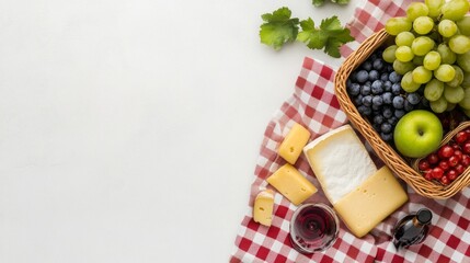 A rustic picnic basket with wine and cheese viewed from above.