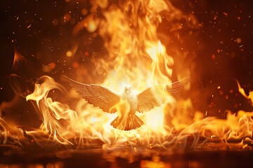 A white dove, a symbol of hope and peace, flies through a wall of flames. Generative Ai