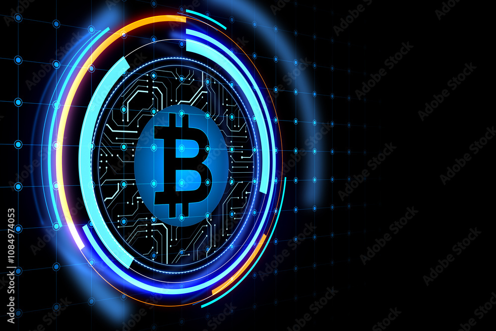 Aufkleber Online transaction and technological network concept with perspective view on digital bitcoin with circuit in a circle on dark background. 3D rendering
