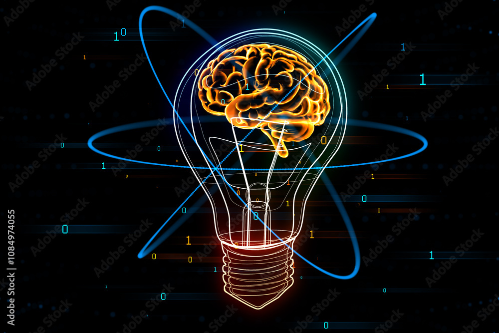 Poster Creative idea and brainstorm concept with glowing yellow human brain inside digital light bulb on abstract dark background with numbers. 3D rendering