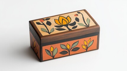 Hand-painted wooden jewelry box with top view perspective enhancement.