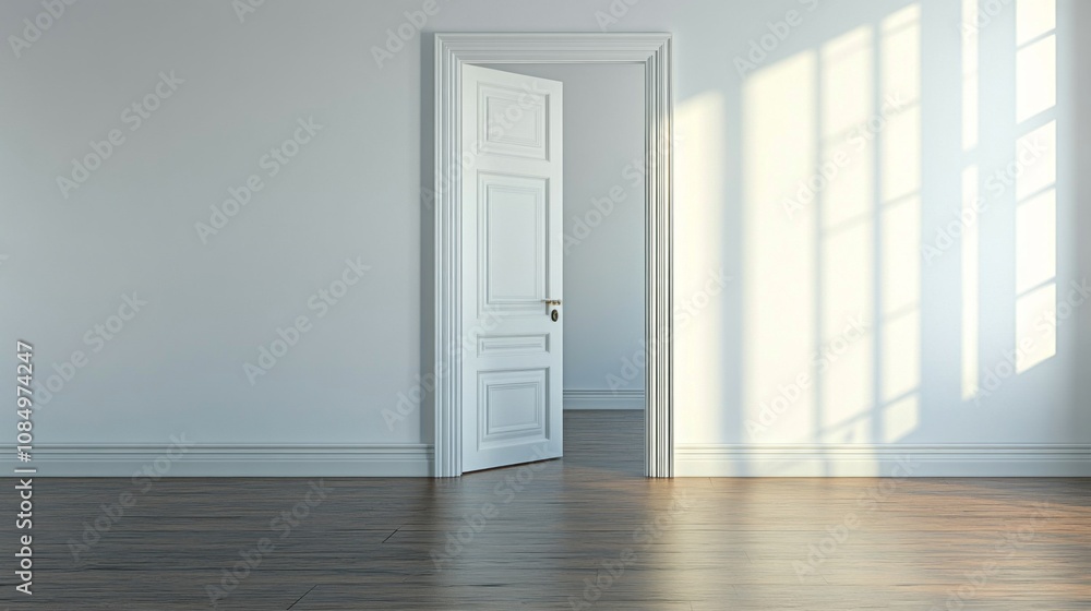 Poster a white door is open in a room with a lot of light coming in
