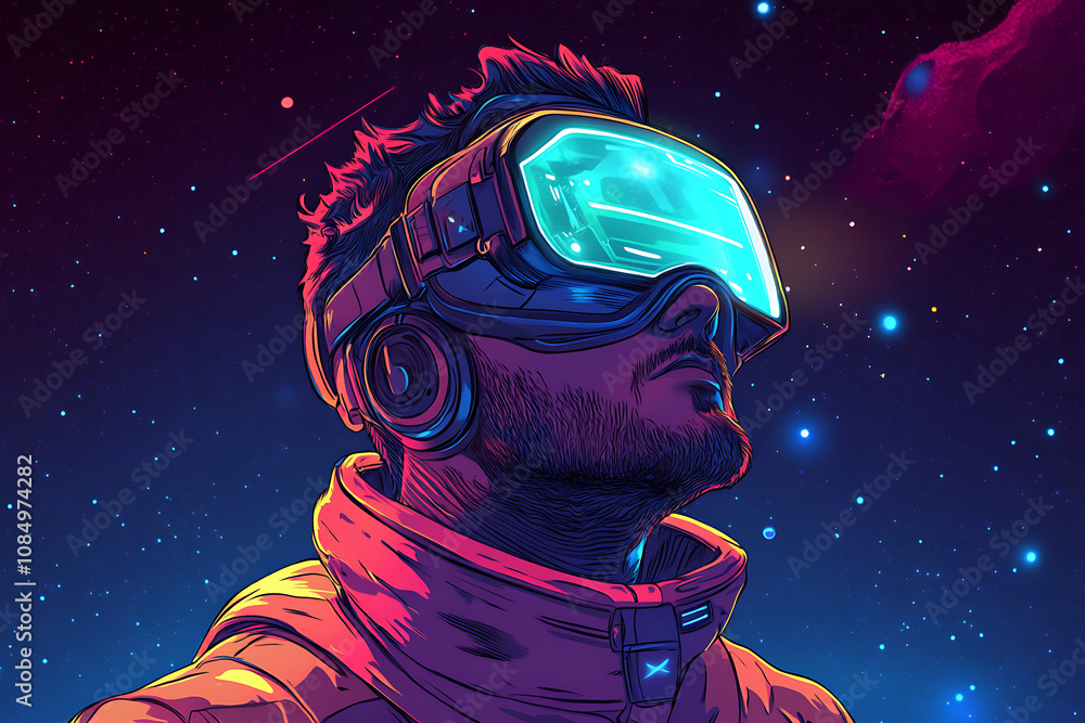 Poster a futuristic figure wearing a vr headset gazes into a starry space, exploring virtual realms.