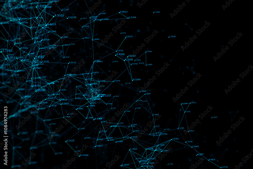Poster Big data and business analytics concept with blue digital lines and data numbers on dark background. 3D rendering