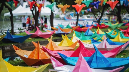 Fototapeta premium Colorful Paper Boat - a charming and vibrant visual. The playful design captures the essence of creativity and imagination.