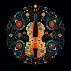 Colorful violin mandala art on a black background. 