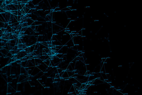 Big data and business analytics concept with blue digital lines and data numbers on dark background. 3D rendering