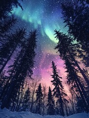 Fototapeta premium Enchanting Northern Lights Over Alaskan Pine Forest