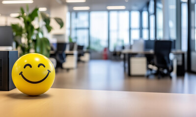 Yellow smiley ball promoting happiness at work