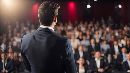 Fototapeta premium A man stands in front of a crowd of people, giving a speech