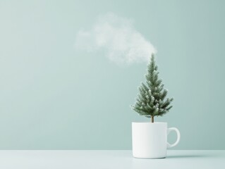 Minimalist Christmas Tree in Coffee Cup with Steam in Soft Morning Light