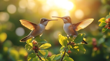 Fototapeta premium Hummingbirds glowing in golden sunlight