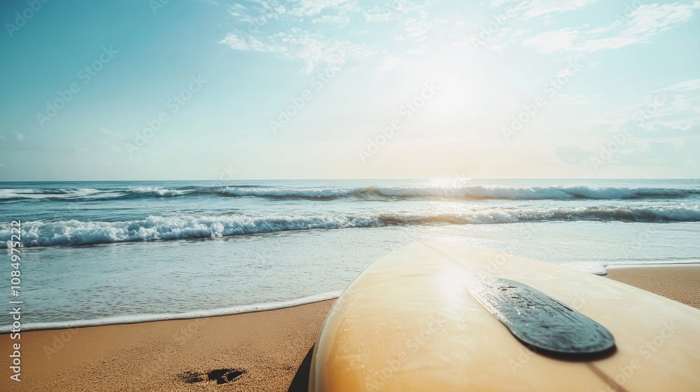 Poster a pristine surfboard setup with neatly placed wax and a clean board beside the ocean, a sunny beach 