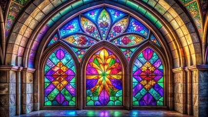 Obraz premium A vibrant stained glass window adorned with geometric patterns and intricate floral designs, framed by a grand arched doorway, bathes the interior in a kaleidoscope of colorful light.
