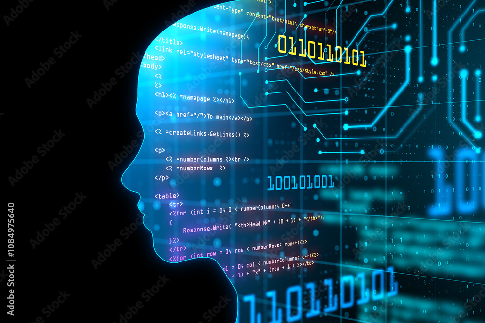 Fototapete Machine learning and software technologies concept with blue shadow human head side view on dark background with coding and programming interface. 3D rendering