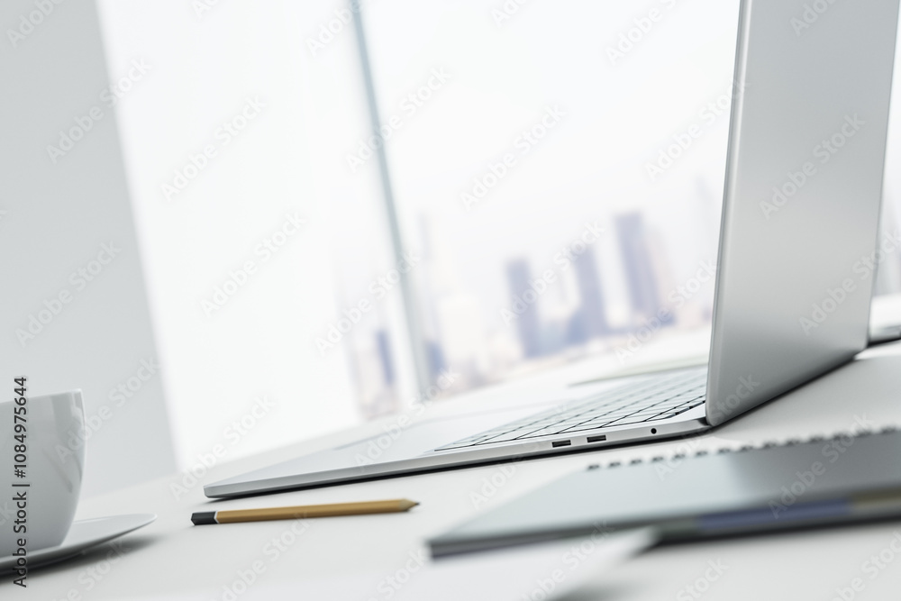 Poster perspective view on modern laptop with pencil and coffee cup on light table surface in sunny office 