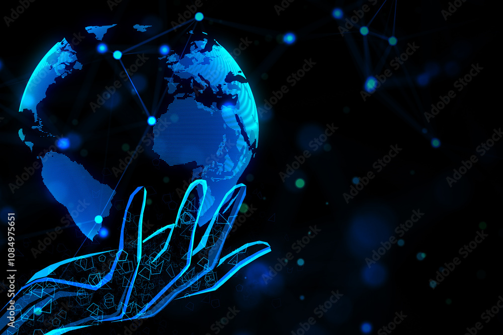 Poster future technology and artificial intelligence concept with digital blue robotic hand holding world m