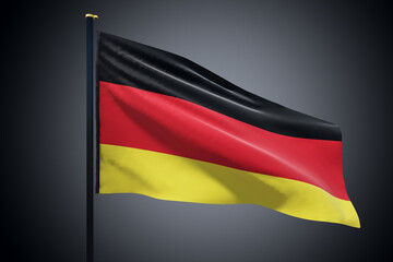 Flag of Germany country waving in the wind with copyspace for your logo or text isolated on dark grey background. 3D rendering