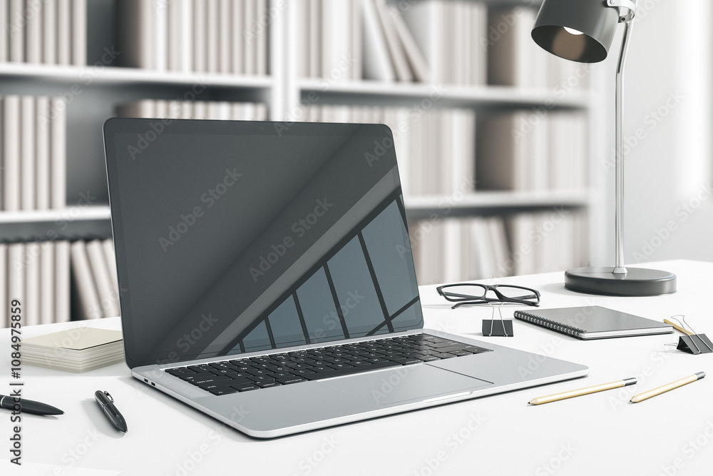Leinwandbilder perspective view on cozy sunlit work place with blank screen with reflection of modern laptop and of