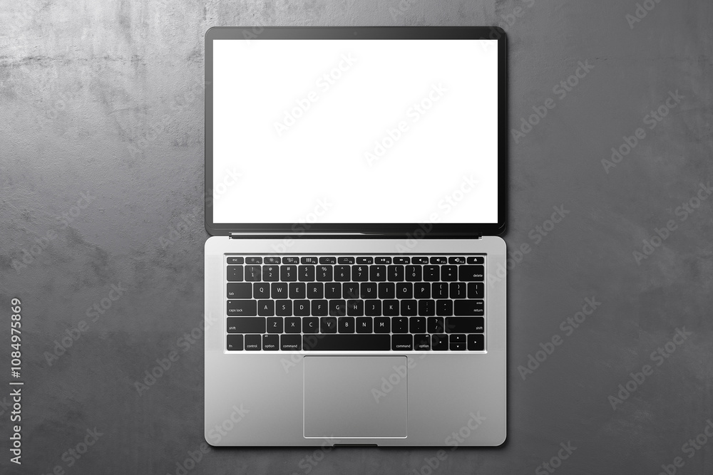 Poster top view on fully open modern laptop blank white monitor screen with copyspace for your logo or text