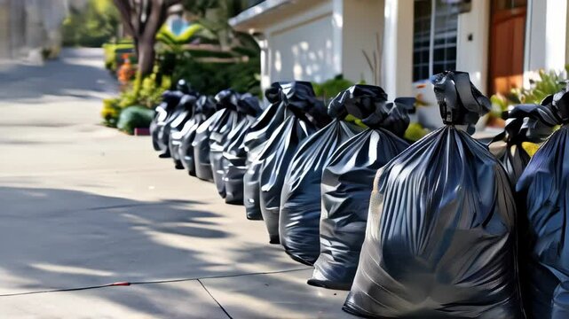 Residents clean up neighborhood by organizing trash collection on a sunny day in a suburban area near their homes