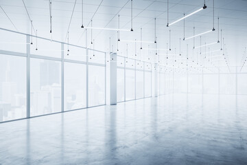 Fototapeta premium Real estate concept with perspective view on spacious light empty hall on high floor with city view from panoramic windows, concrete floor and lots of LED lamps hanging from top. 3D rendering
