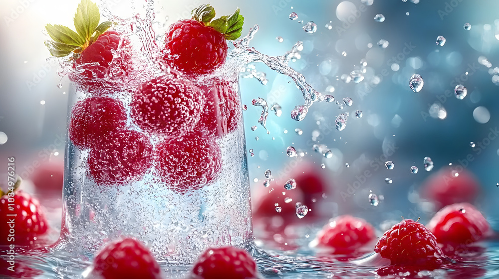 Poster sparkling raspberry water with splashing water drops