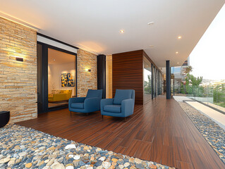 Modern outdoor seating area with stone accents and serene landscape view during daylight