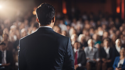 Fototapeta premium A man stands in front of a crowd of people, giving a speech