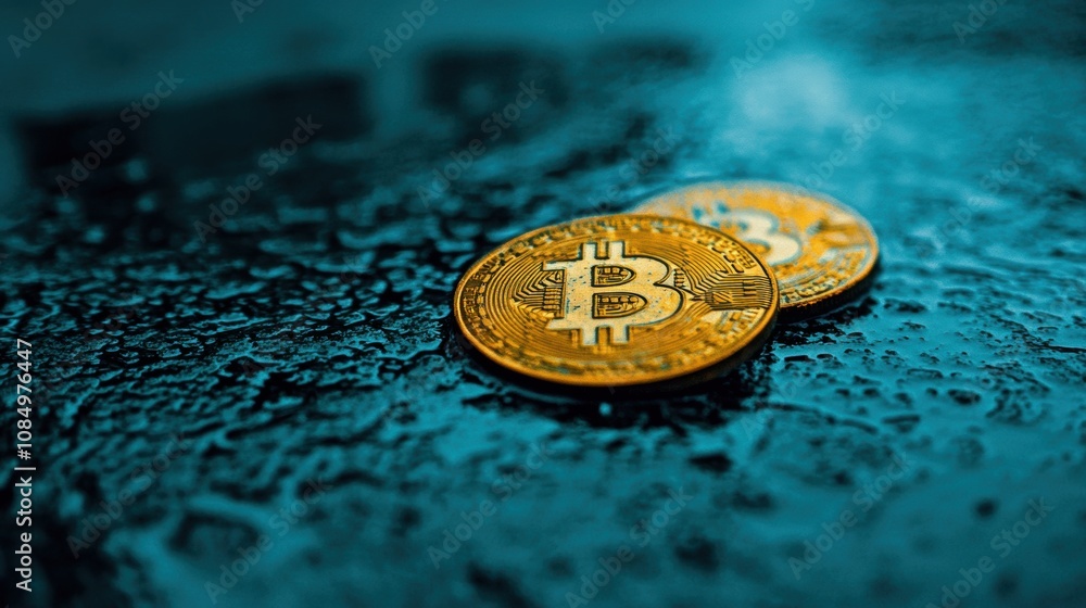 Poster golden bitcoin coins resting on a wet, reflective metallic surface, creating a moody and modern fina