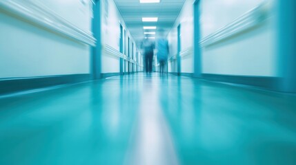 Obraz premium The corridor is filled with healthcare professionals and patients moving quickly, captured with a motion blur effect