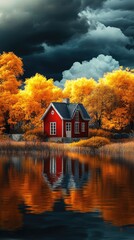 Red House Reflecting in Autumn Lake