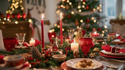 Cozy and Festive Christmas Table Setting with Red Accents, Candles, and Holiday Decor Surrounded by a Beautifully Adorned Tree and Soft Ambient Lights