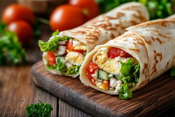 Fresh tasty Egg roll on wooden background